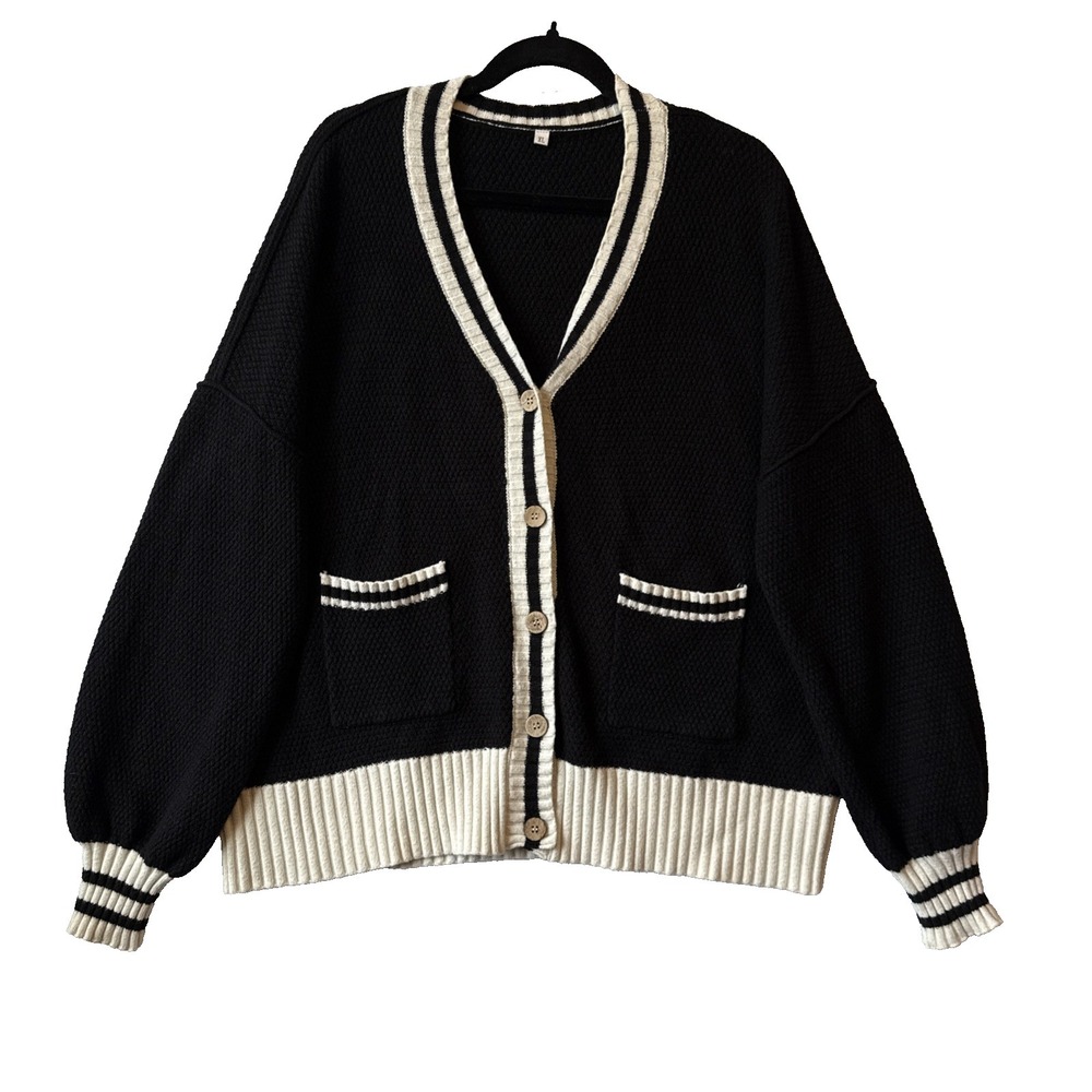 Preppy Varsity V Neck Black White Oversized Cardigan Sweater XL Pockets Academia